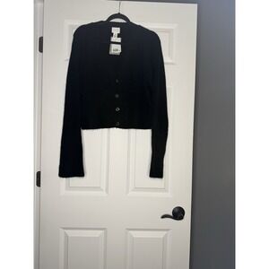 HM Ribbed Cropped Bell Sleeve Knit Cardigan Sweater Xl Silver Buttons Nwt